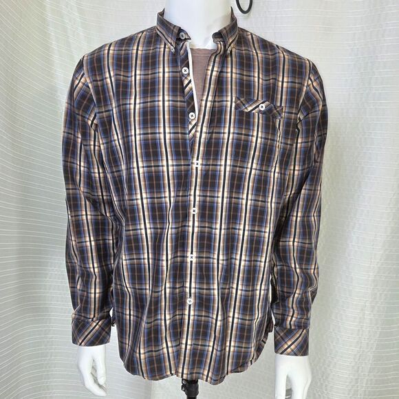 7 Diamonds Premium Shirt Lightweight Button Down Brown Blue Plaid Men’s L - Picture 1 of 9